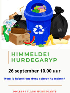 26 september is het weer Himmeldei! Kom je gezellig helpen? 9.45 verzamelen bij it Maskelyn. Vervolgens krijg je een route, prikkers en vuilniszak. Na een uurtje staat de koffie klaar met wat lekkers!! We zien jullie graag op 26 september! Groet namens dorpsbelang Wynet Bakker & Tialda Zwart